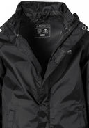 Black waterproof jacket with hood, zip and fitted cuffs, featuring a sleek design for kids aged 3 to 14 years