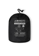 Black packaway bag with drawstring featuring Minoti outdoor edition foldaway jacket design and kids size label.