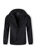 Black waterproof jacket with zip front and packaway hood, featuring sleek and functional design details.
