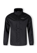 Black waterproof jacket with zip front, packaway hood, elastic cuffs, and sleek, functional design for men.