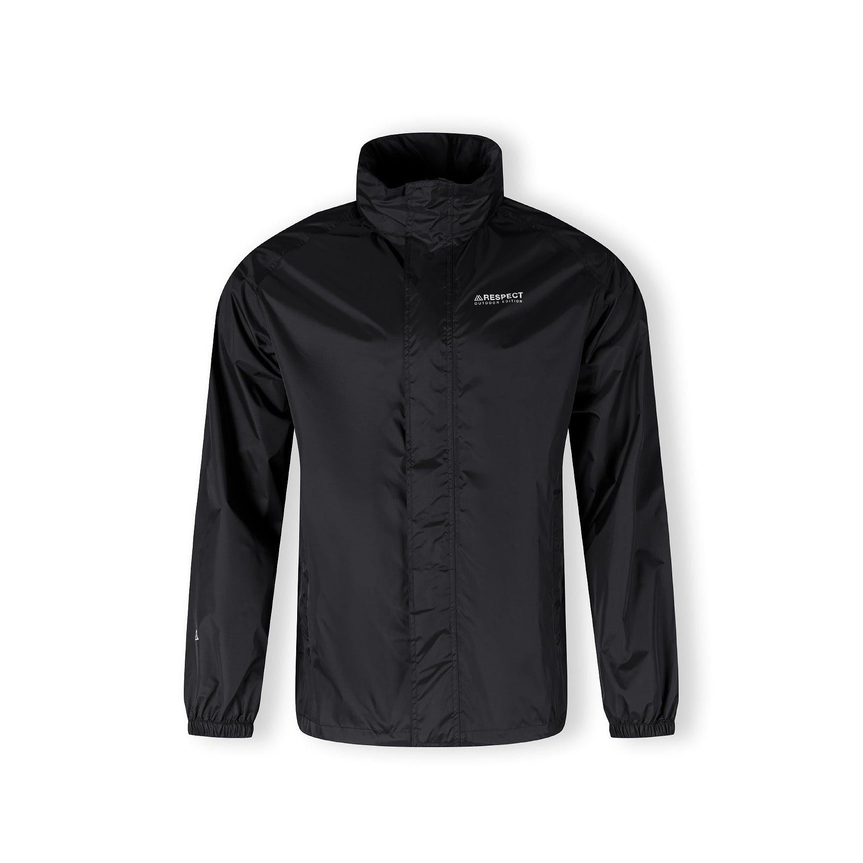 Close-up detail of black waterproof jacket interior showing taped seams and zip construction for weather protection