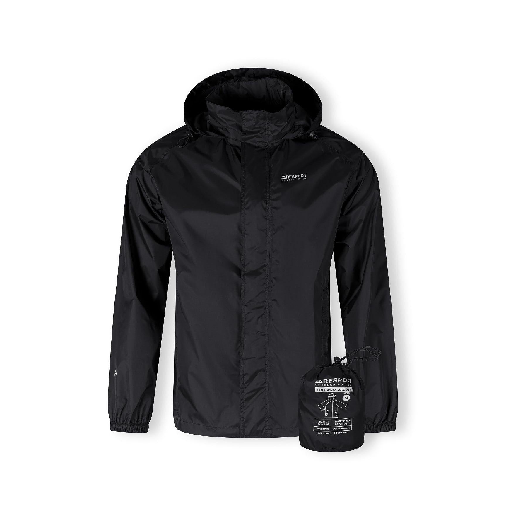 Men's black packaway waterproof jacket with zip front, hood, and printed chest/sleeve details, next to its storage bag.