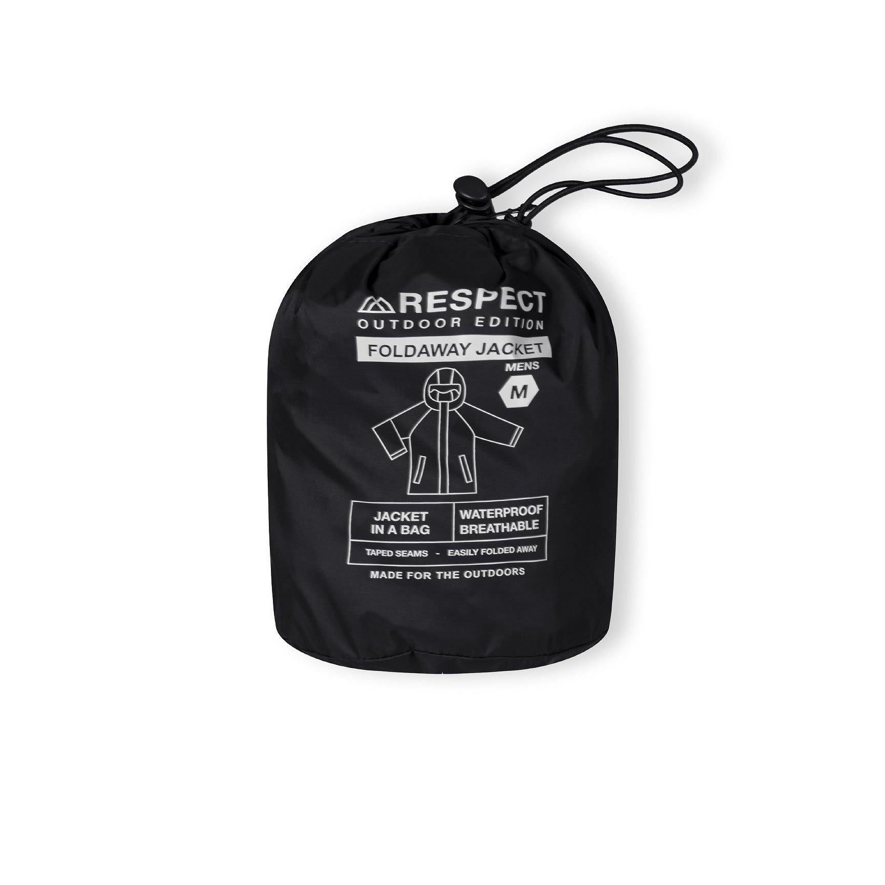 Black storage bag with white RESPECT outdoor edition branding and foldaway jacket specifications printed on surface