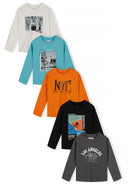 Boys 5 pack round neck long sleeve t shirts with prints 2-14y black featuring bold graphic designs and soft, breathable fabric.