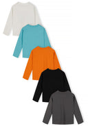 Boys 5 pack round neck long sleeve t shirts with prints 2-14y black in a variety of colors: white, teal, orange, black, and grey. Soft cotton blend for comfort.