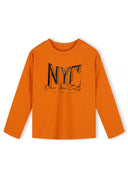 Boys 5 pack round neck long sleeve t shirts with prints 2-14y black featuring bold NYC graphic on soft orange fabric. Comfort fit.