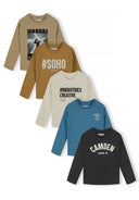 Boys 5 pack round neck long sleeve t shirts with prints 2-14y beige, featuring graphic prints and soft fabric for everyday comfort.