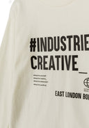 Boys 5 pack round neck long sleeve t shirts with prints 2-14y beige featuring bold graphic slogan 'Industries Creative'.