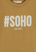 Beige boys 5 pack round neck long sleeve t shirts with prints 2-14y featuring bold #SOHO graphic. Soft, breathable fabric provides comfort.