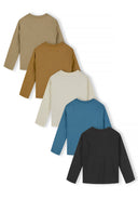 Boys 5 pack round neck long sleeve t shirts with prints 2-14y beige featuring a variety of colors including beige, brown, cream, blue, and black.