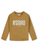 Boys 5 pack round neck long sleeve t shirts with prints 2-14y beige featuring graphic '#SOHO' print on soft fabric.