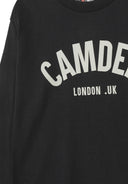 Black sweatshirt featuring bold "CAMDEN LONDON .UK" graphic print. Soft cotton blend fabric for comfort.