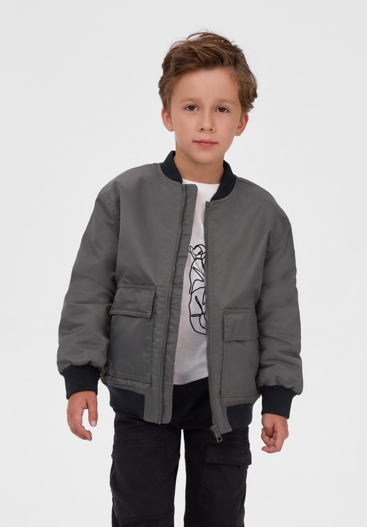 Boys' khaki bomber jacket, shown worn.