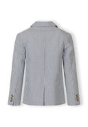Back view of boys tailored cotton navy blue striped blazer with lapel collar and buttoned cuffs.