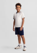 Boys Cotton Blend Pique Polo Shirt and Shorts Cream Navy Collar 3y-15y