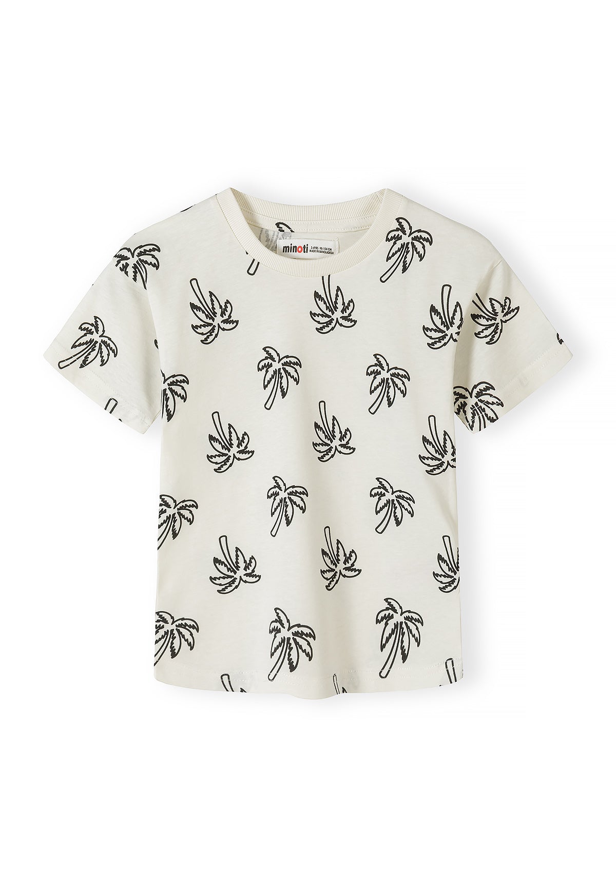 Single white cotton t-shirt with black palm tree print pattern all over, laid flat against white background showing Minoti label at neck