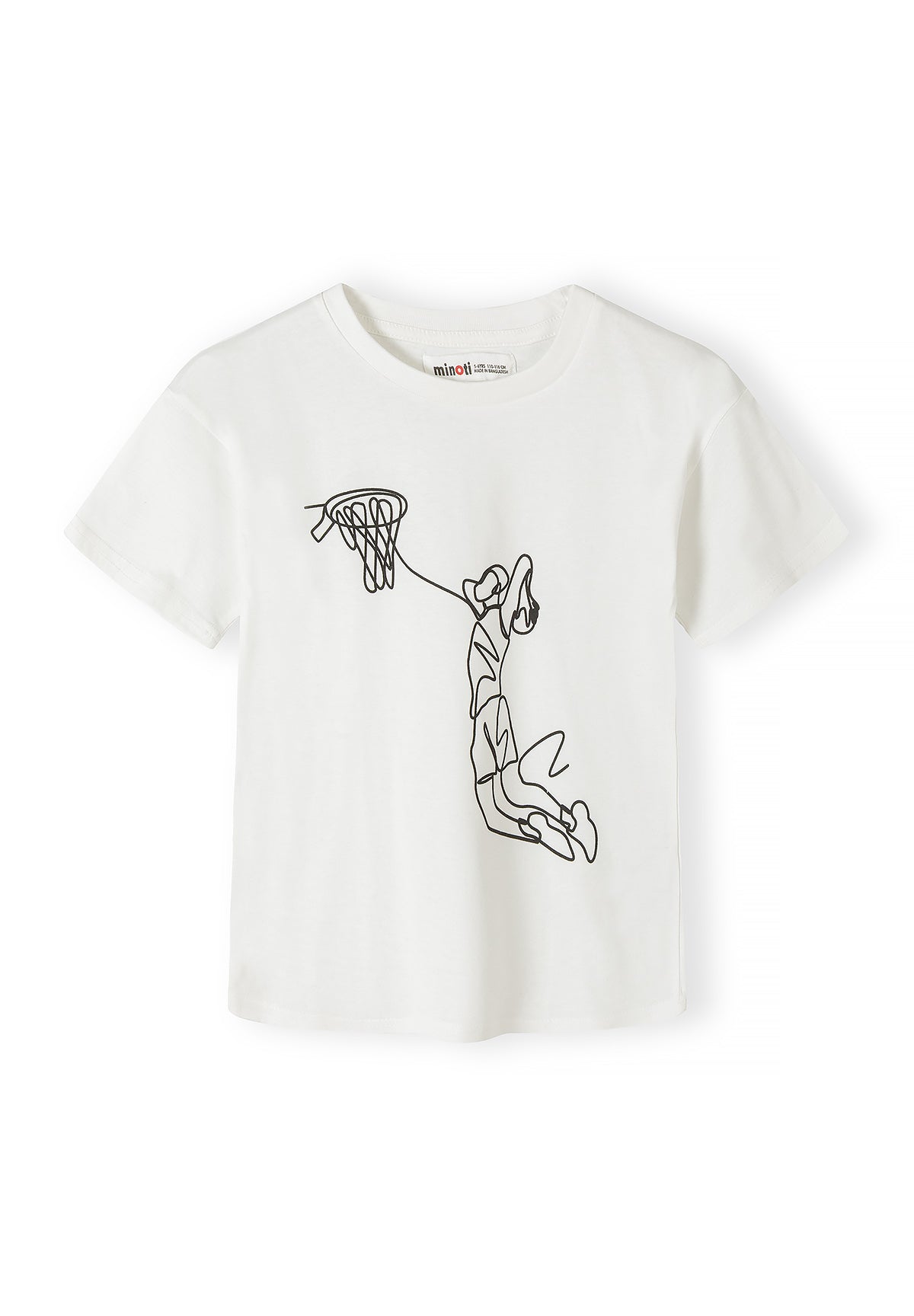 Detail view of orange t-shirt showing Minoti label at neckline and basketball graphic print on chest area