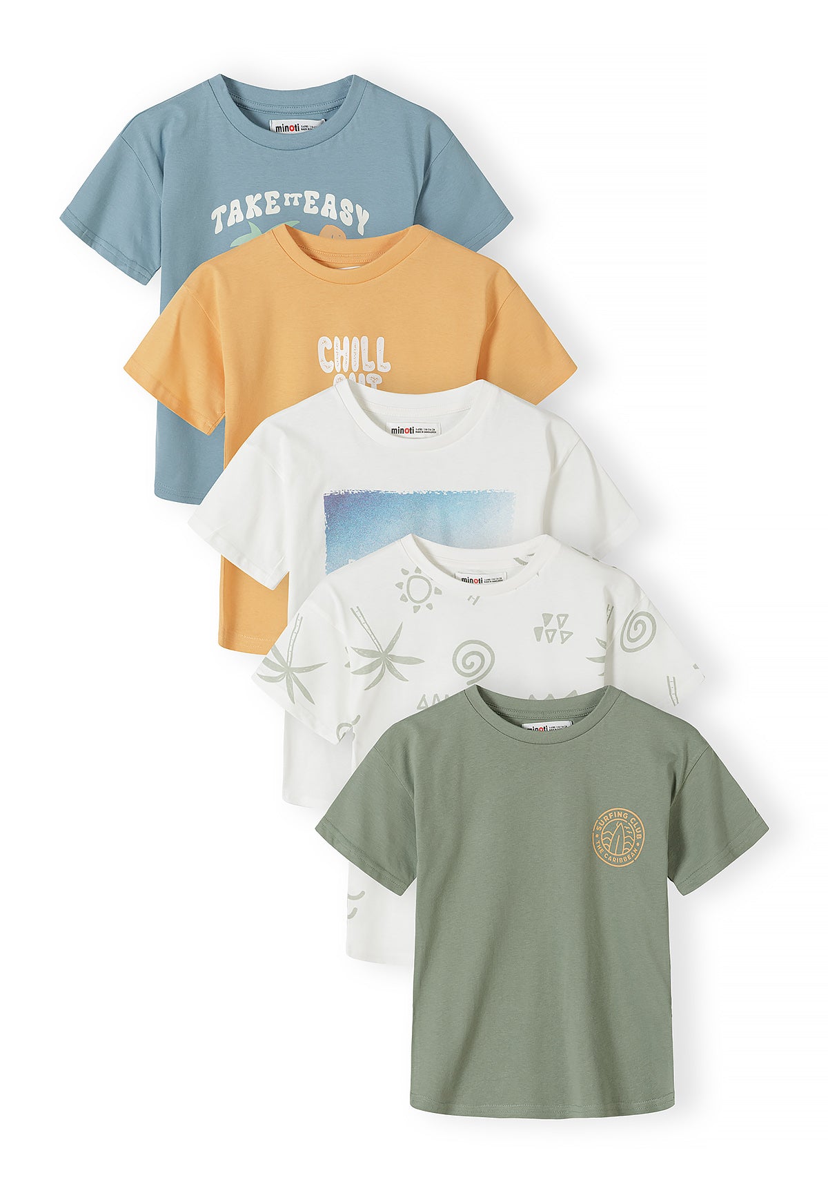 Five boys t-shirts arranged in overlapping display showing surf graphics including Take It Easy text, Chill typography, surfboard beach scene, palm tree pattern, and plain olive with circular logo