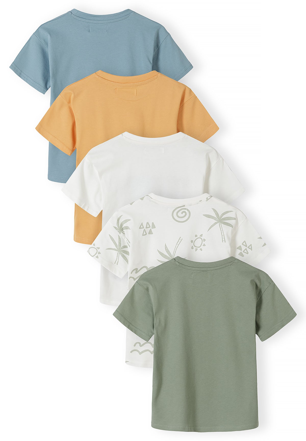 Single white t-shirt with colorful surfboard beach scene graphic featuring three surfboards against ocean backdrop with blue gradient sky effect