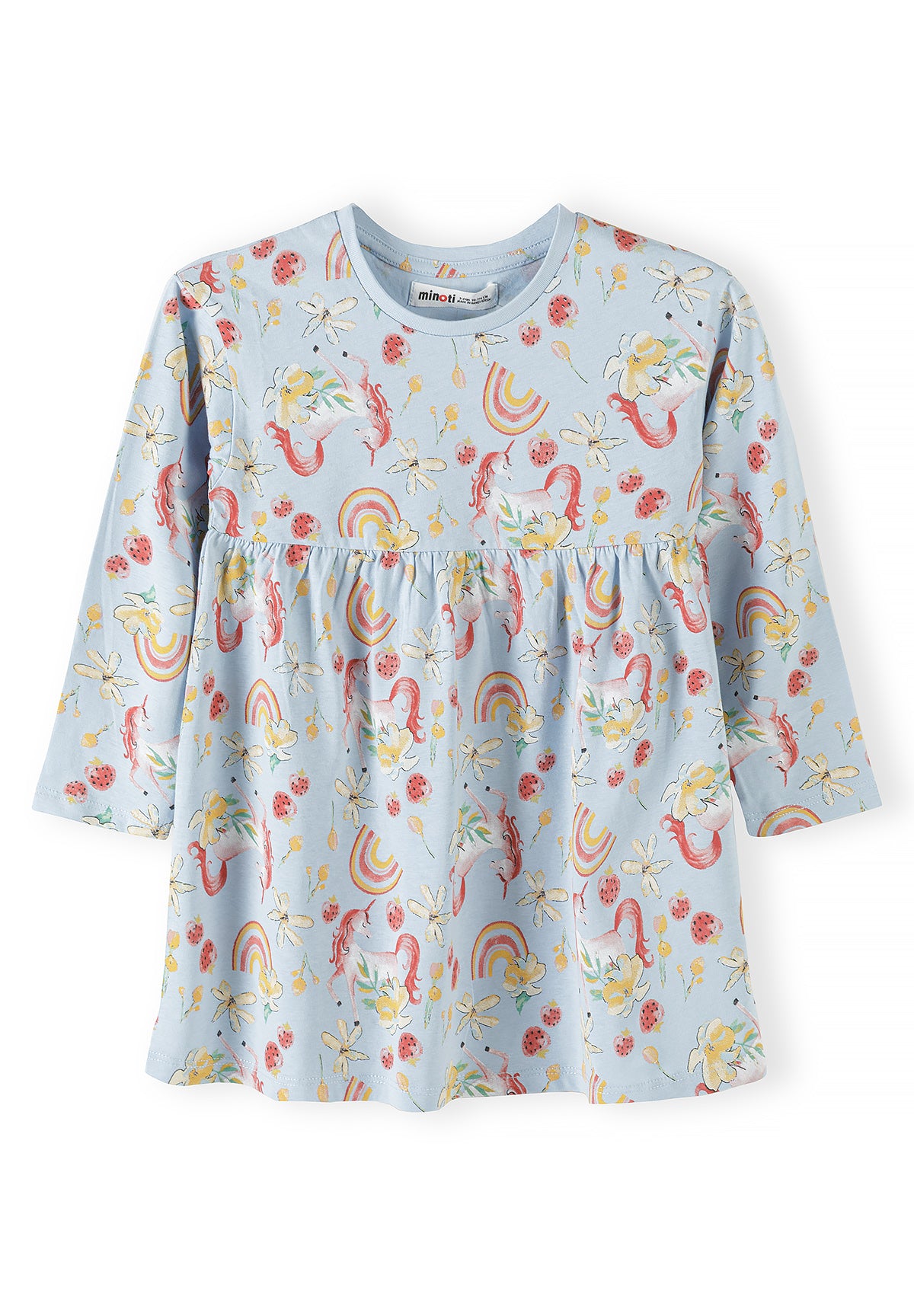 Close-up view of light blue long sleeve dress with gathered waist, featuring unicorn, rainbow, daisy and fruit print on white background