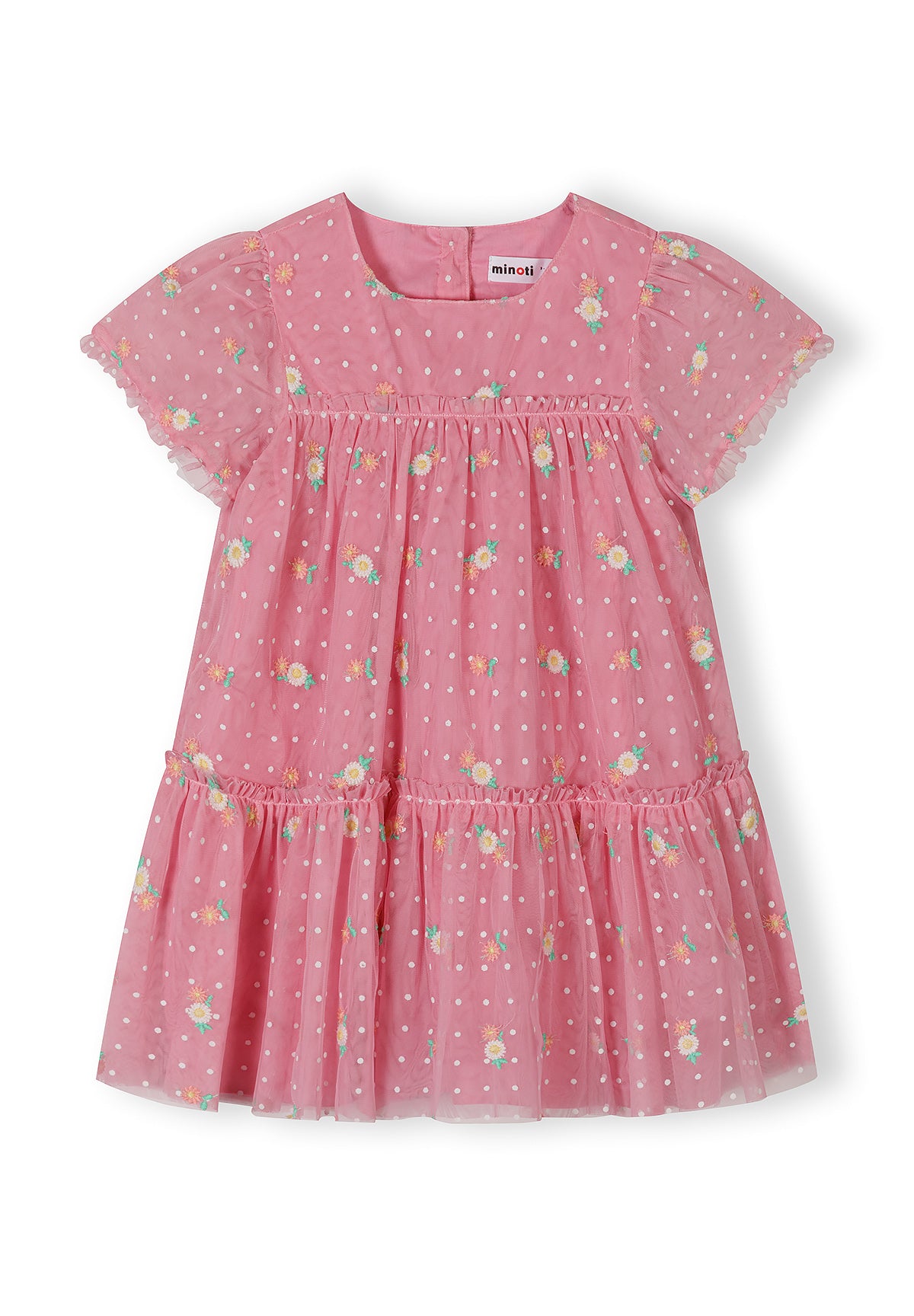 Front view of pink tulle dress showing button closure, floral embroidery details and tiered construction on white background