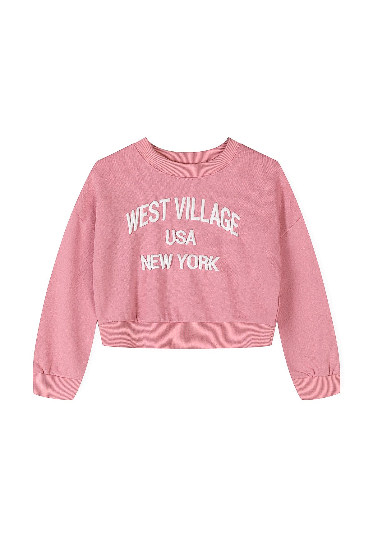 A pink cropped crewneck sweatshirt with 'WEST VILLAGE USA NEW YORK' printed in white arched text across the chest, displayed on a solid white background.