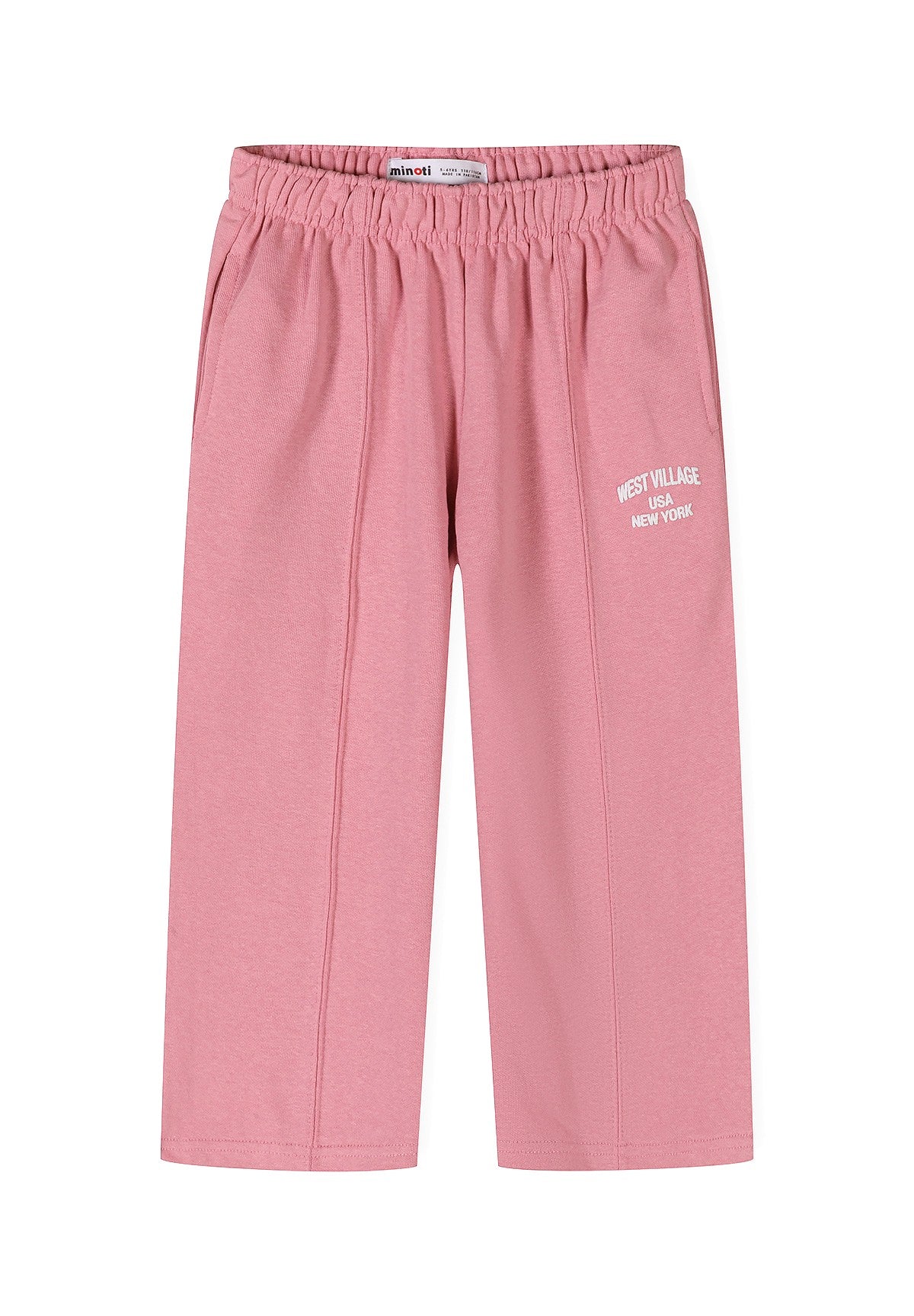 Pink cropped sweatpants with an elastic waistband and white 'WEST VILLAGE EST. NEW YORK' text printed on the left leg, shown against a plain white background.