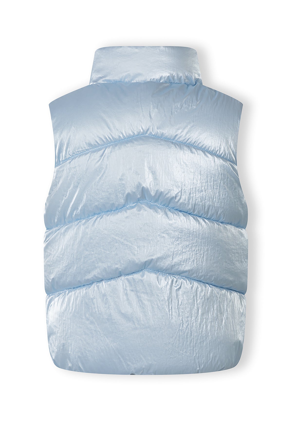 Front view of metallic blue quilted waistcoat with full zip closure, high collar and horizontal quilted pattern on white background