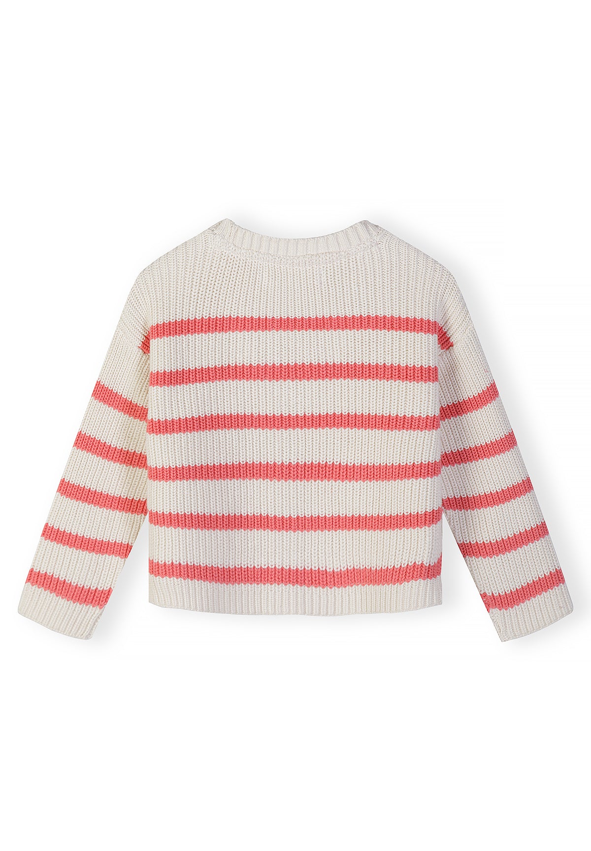 Back view: coral and white striped cardigan laid flat .