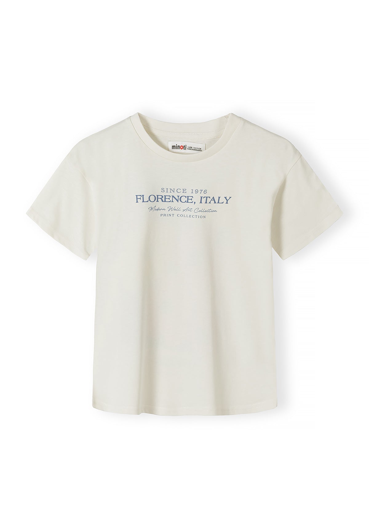 Detail shot of cream coloured t-shirt featuring Flora Botanical Cannes France print with colourful butterfly and daisy flower graphics