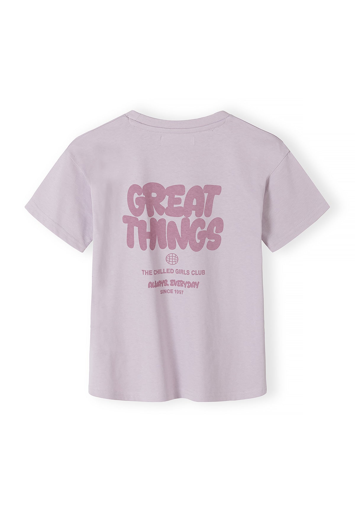 Close-up detail of charcoal t-shirt showing sunshine graphic design with sleeping sun face surrounded by radiating rays, pink text reading 'FREE SUNSHINE FREE SPIRIT' with decorative flowers and stars on grey fabric