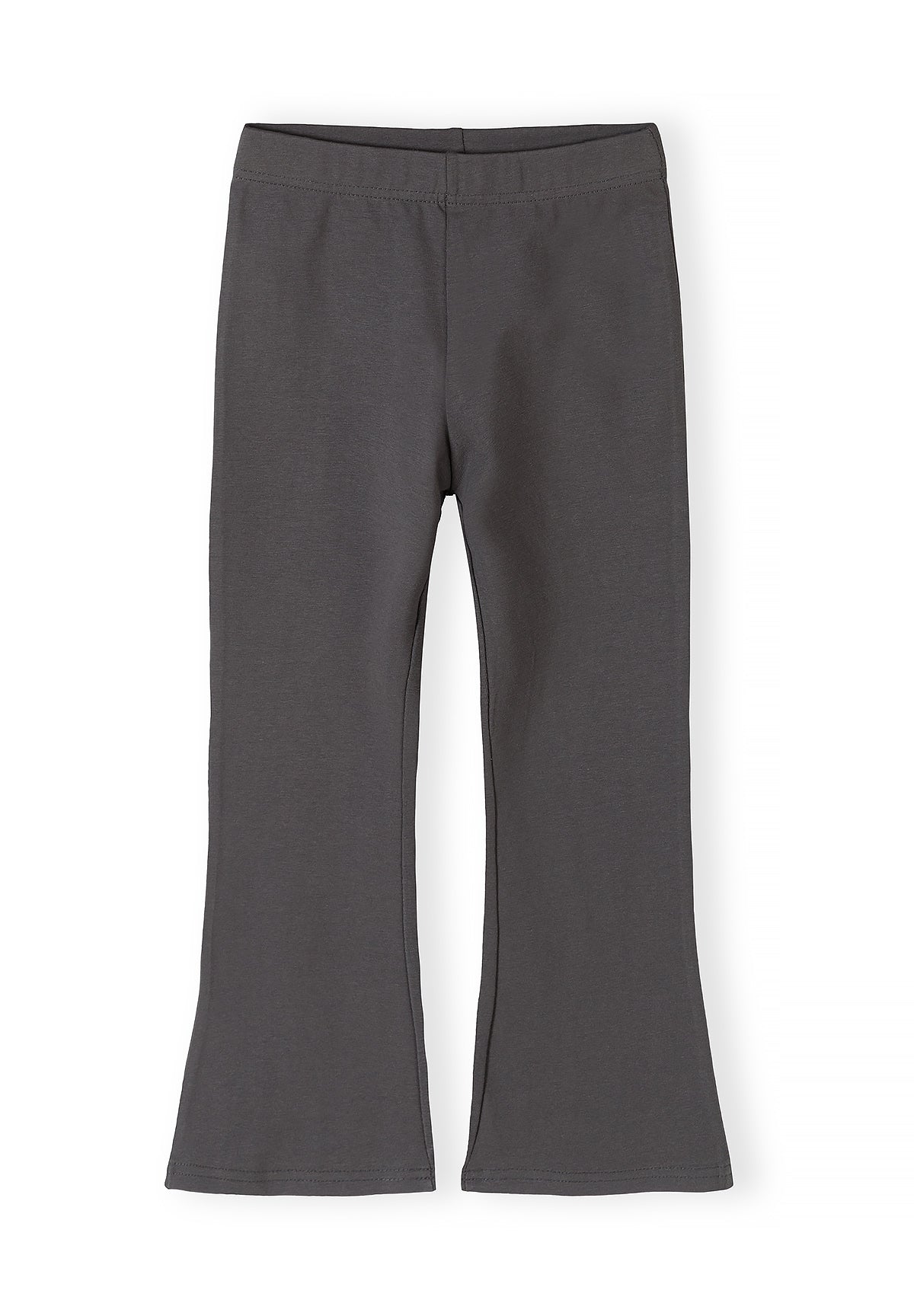 Single charcoal grey flared leggings laid flat showing full length with slight flare at hem and elastic waistband on white background