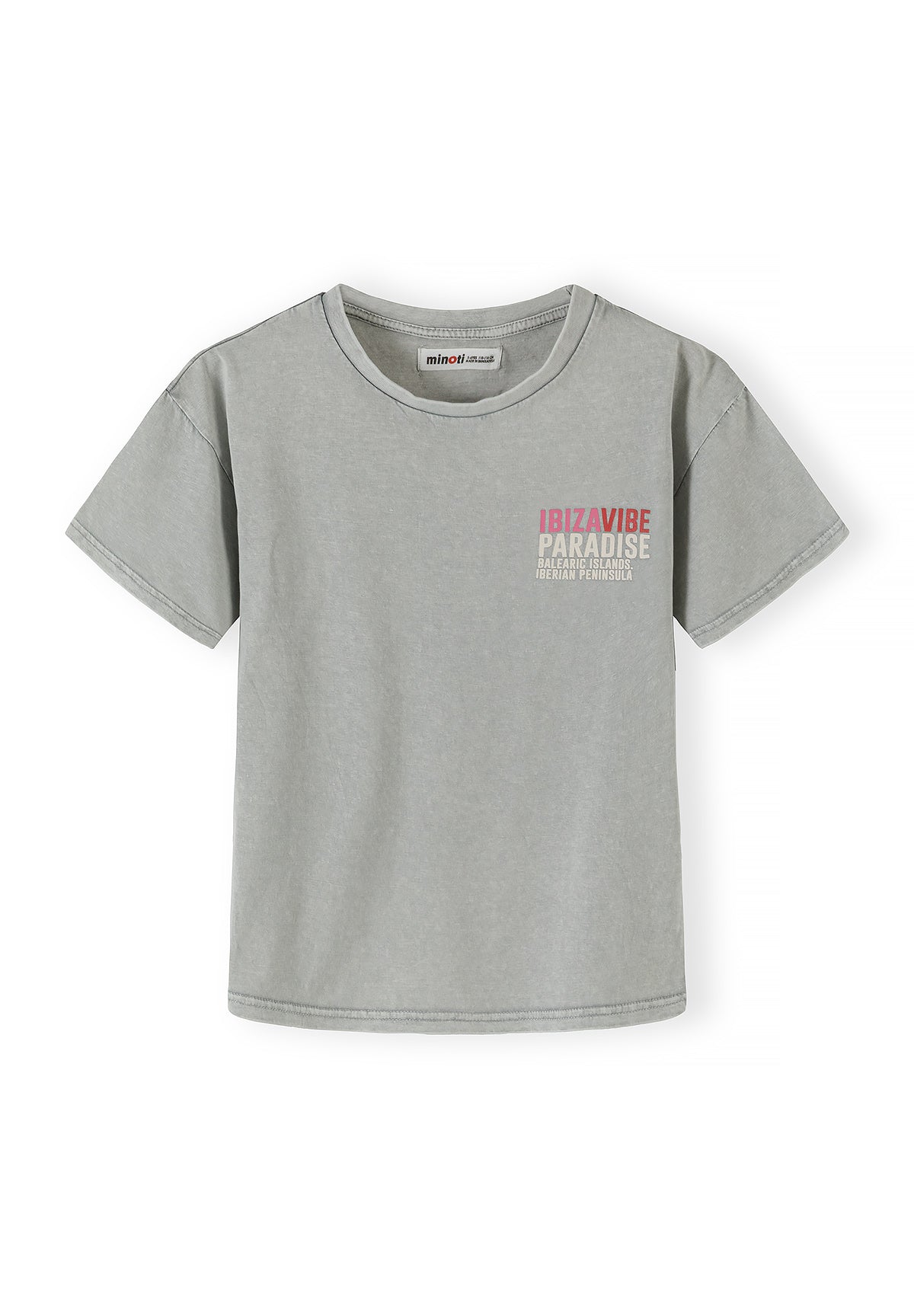 Close-up detail of pink t-shirt showing 'Enjoy The Summer' text print with decorative sun and wave elements