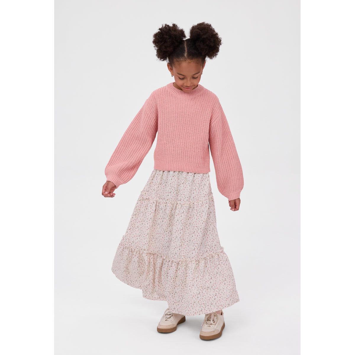 Girls' tiered maxi skirt in cream and pink — complete product view for square Shop card