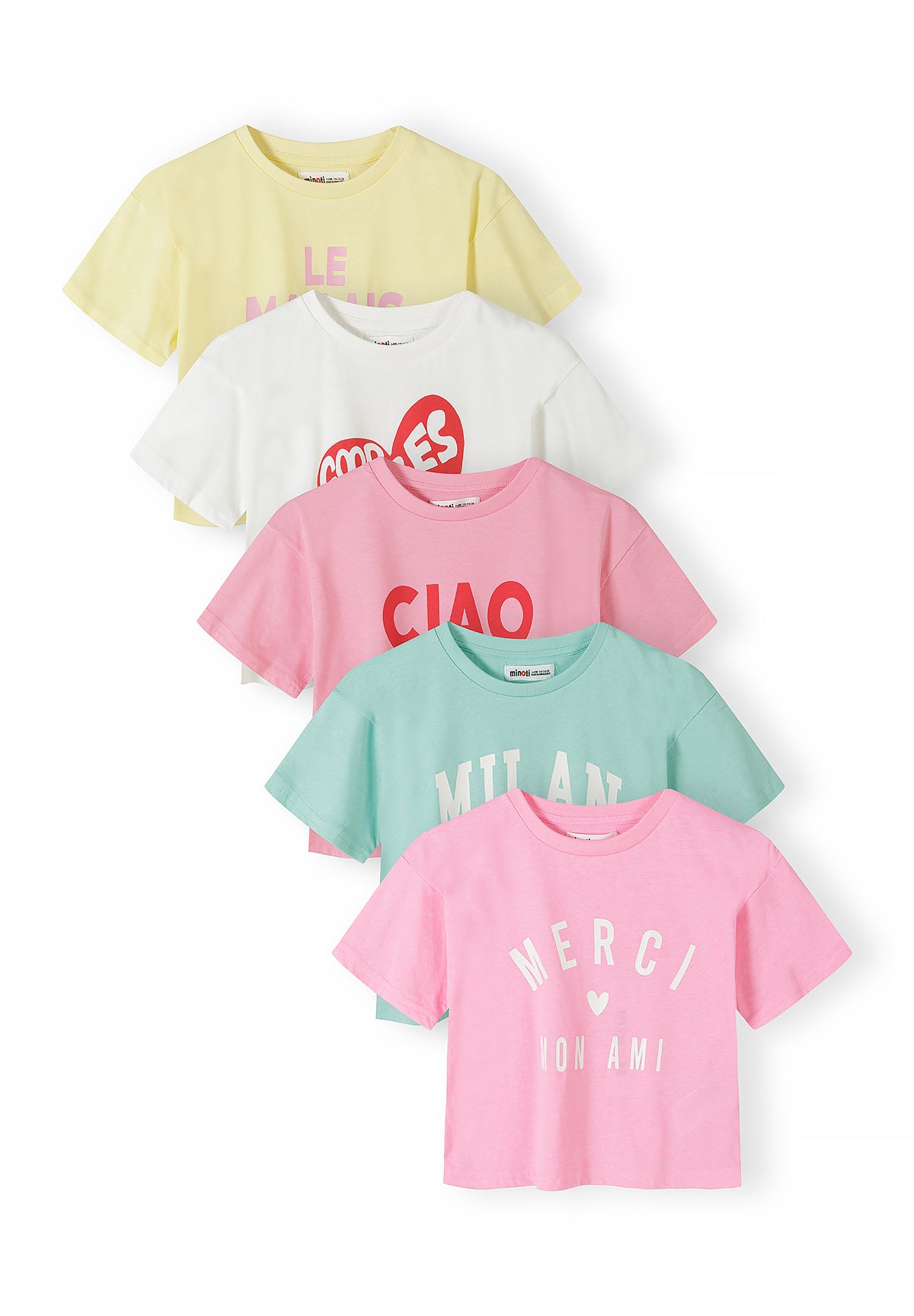 Stack of five cropped t-shirts in yellow, white, pink, mint green and light pink with graphic prints displayed on white background