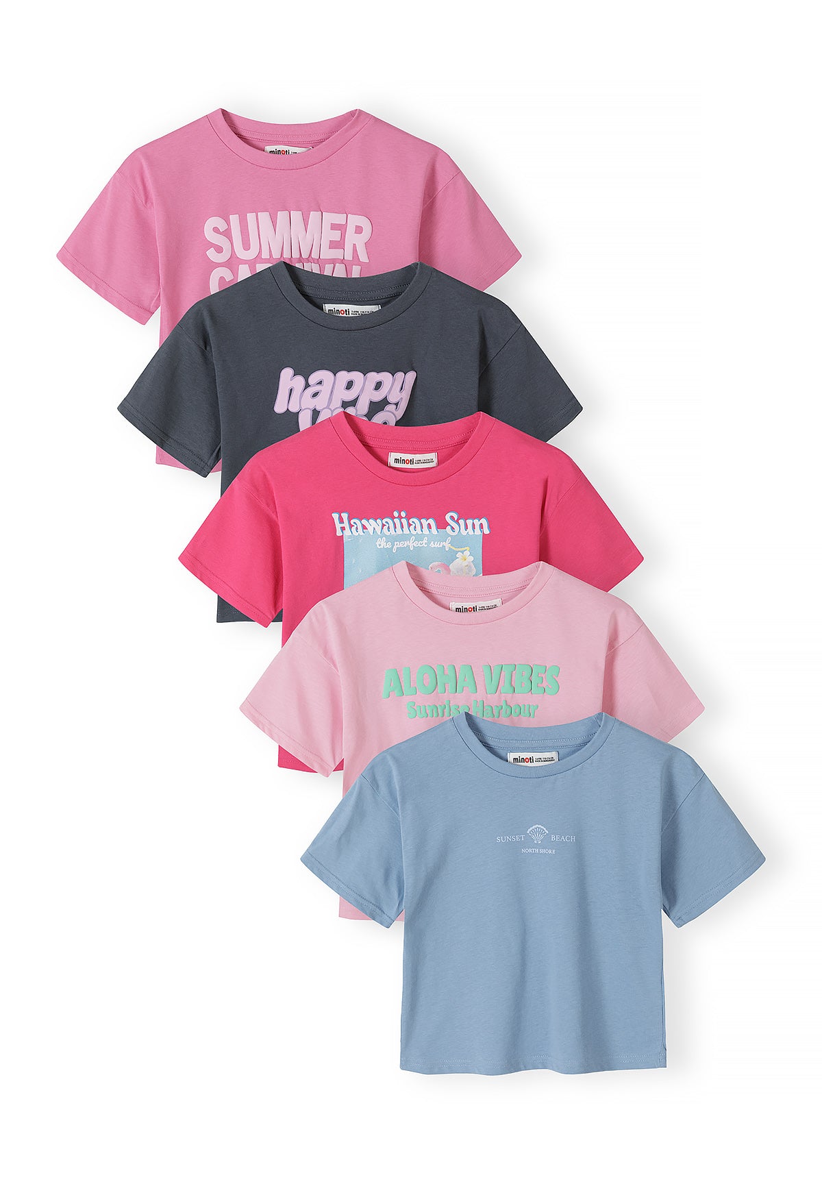 Stack of five colourful t-shirts displayed in fan formation showing Hawaiian Sun, happy, summer beach and aloha vibes prints in pink, blue, grey and hot pink colours on white background
