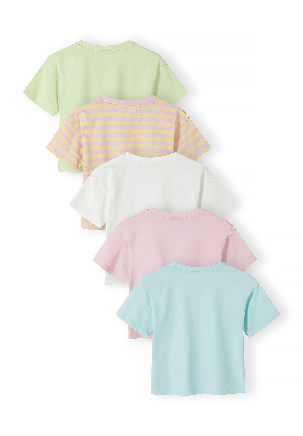 Single plain white short sleeve t-shirt laid flat on white background showing clean minimalist design