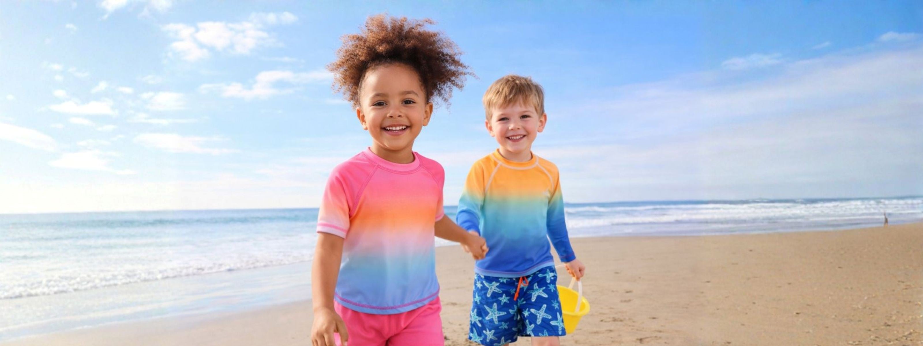 Two smiling children on a beach wearing colorful gradient swimwear, holding hands with the sea in the background.