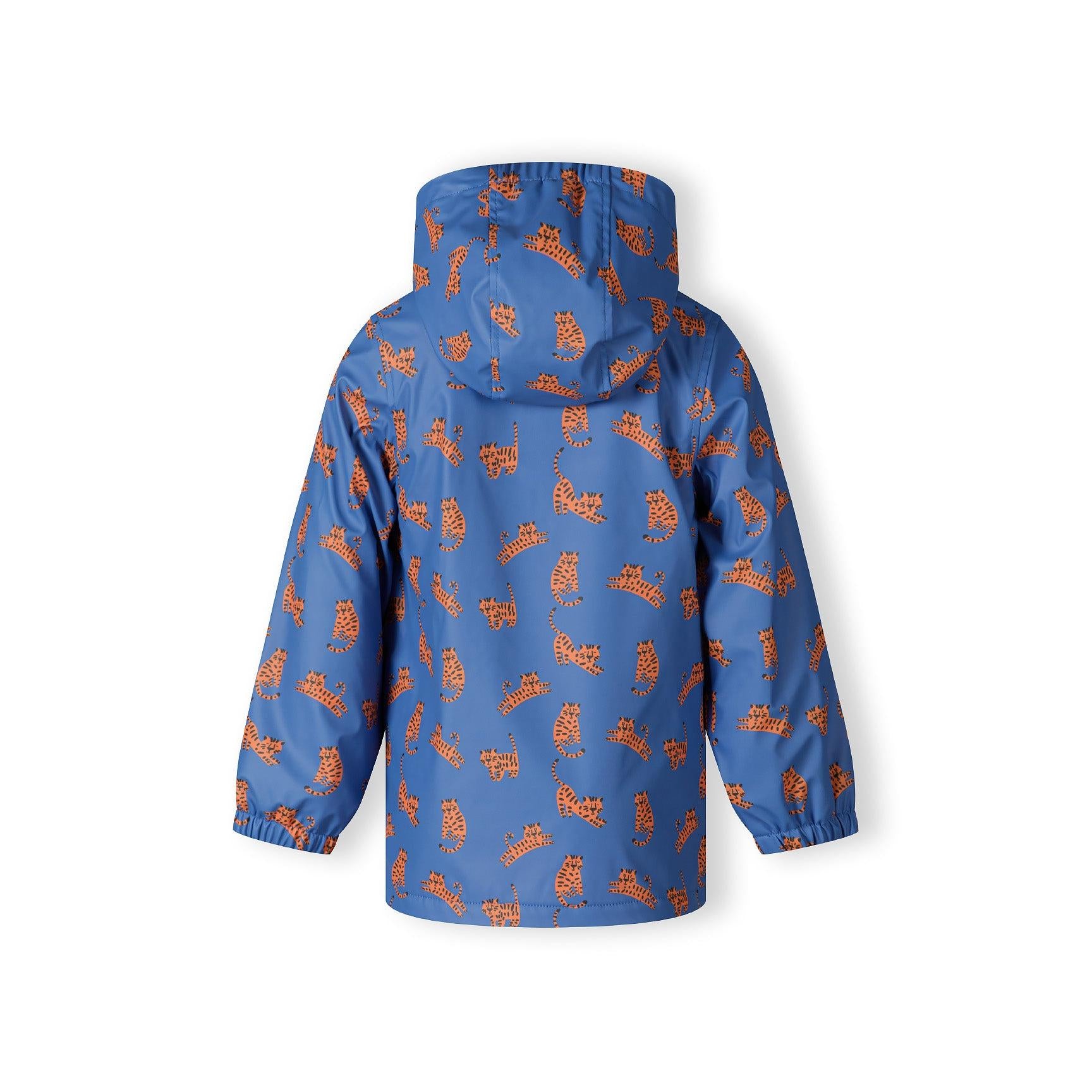 Back view of cobalt blue rain jacket showing orange tiger print pattern all over the garment on white background