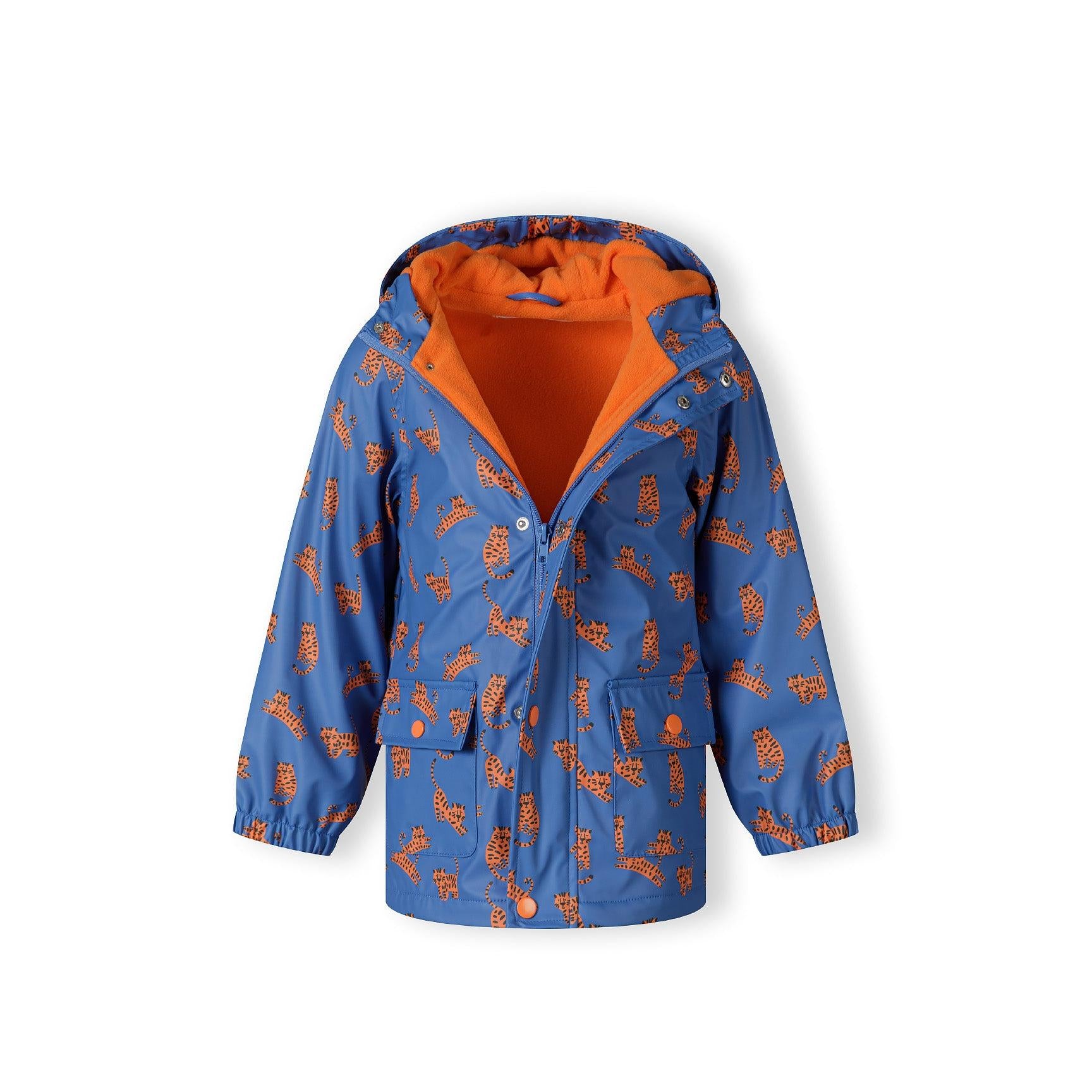 Front view of unzipped cobalt blue rain jacket revealing bright orange fleece lining interior with tiger print exterior on white background