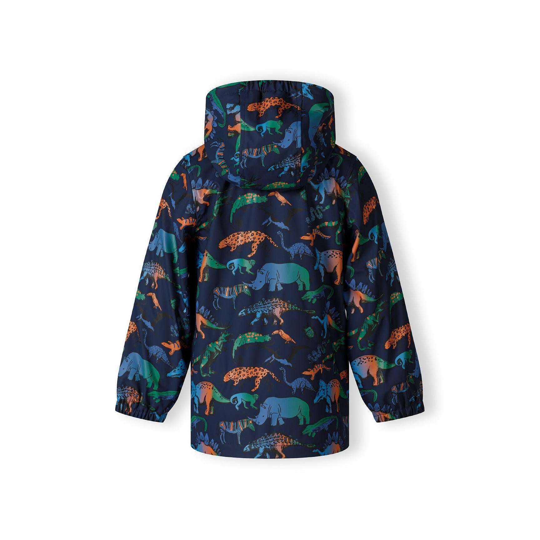 Back view of navy rain jacket showing all-over dinosaur pattern with various colourful prehistoric creatures on dark blue background