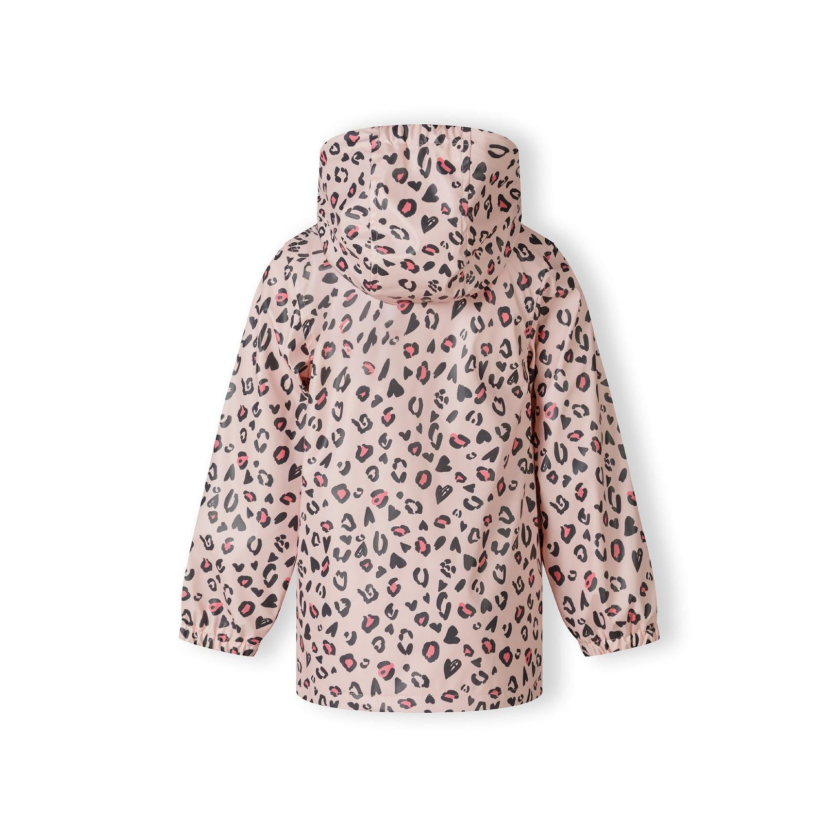 Back view of pink rain jacket with leopard print pattern and hood, displayed flat against white background