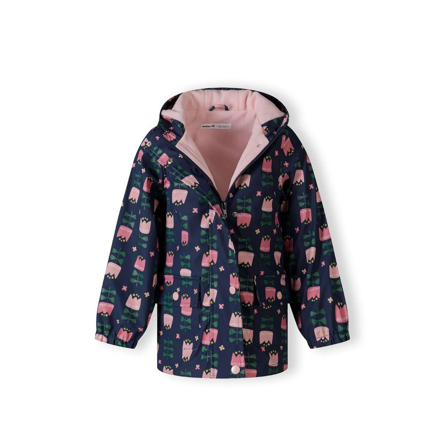 Open navy rain jacket displaying soft pink lining interior and front zip closure on white background