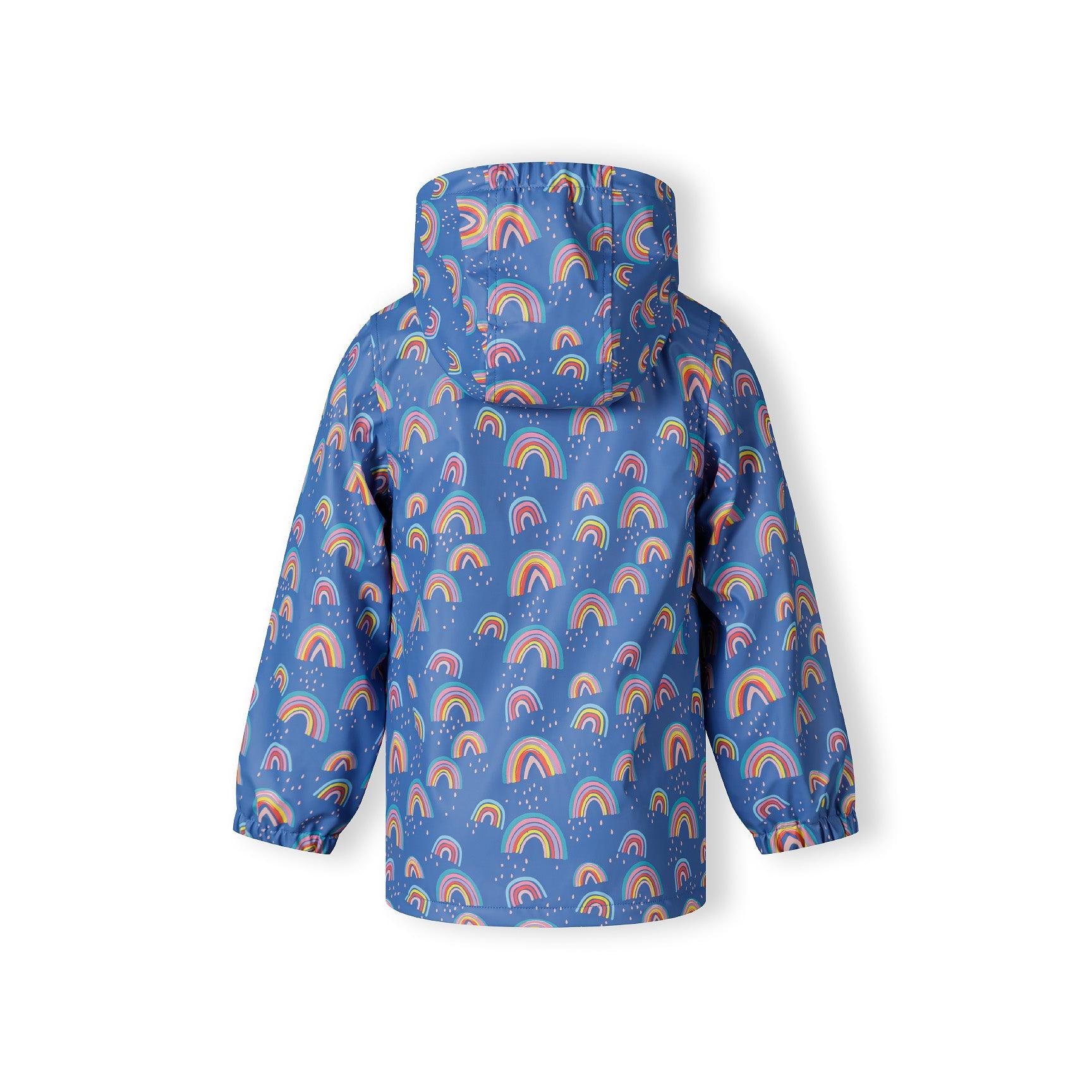 Back view of cobalt blue rain jacket showing rainbow print pattern and hooded design with elastic gathered hem on white background