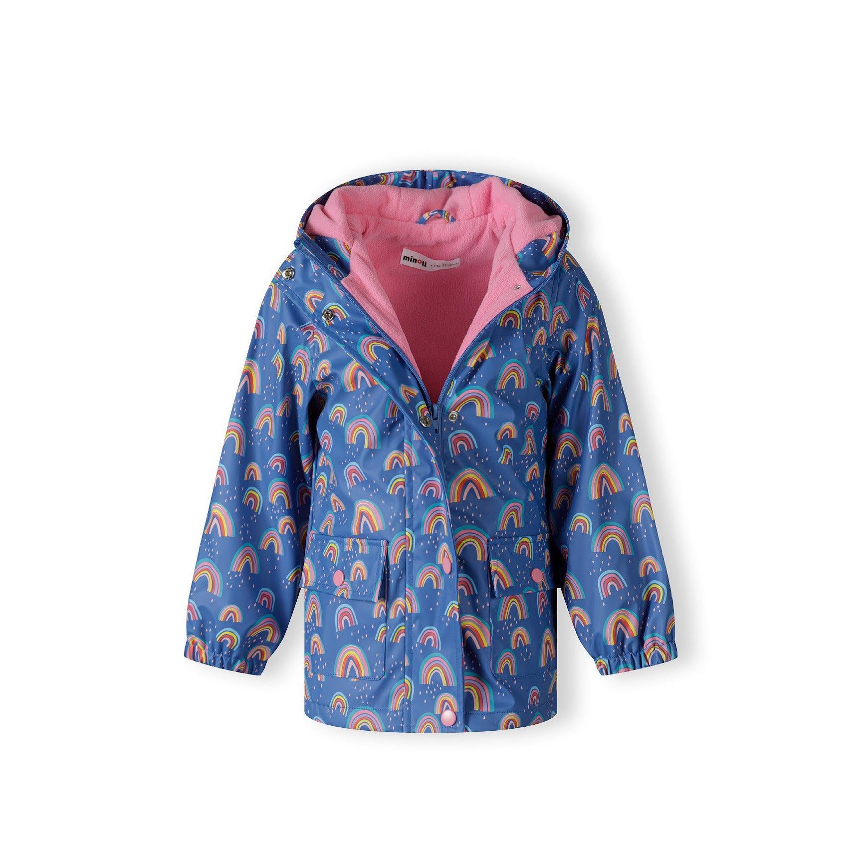 Open cobalt blue rain jacket displaying pink interior lining, front zip closure and rainbow print exterior on white background