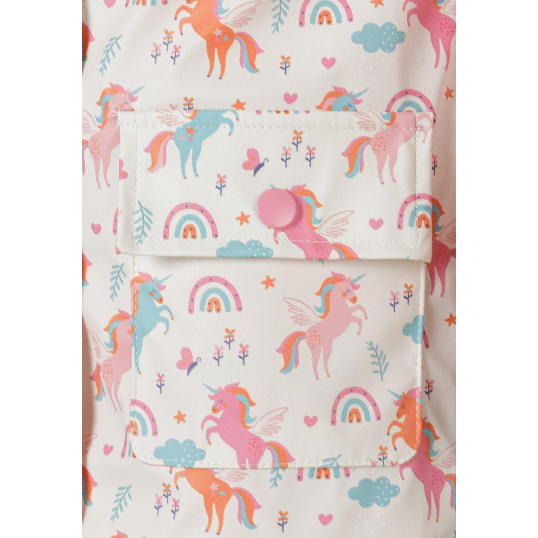 Open cream rain jacket displaying pink lining interior and unicorn print exterior with front zip closure