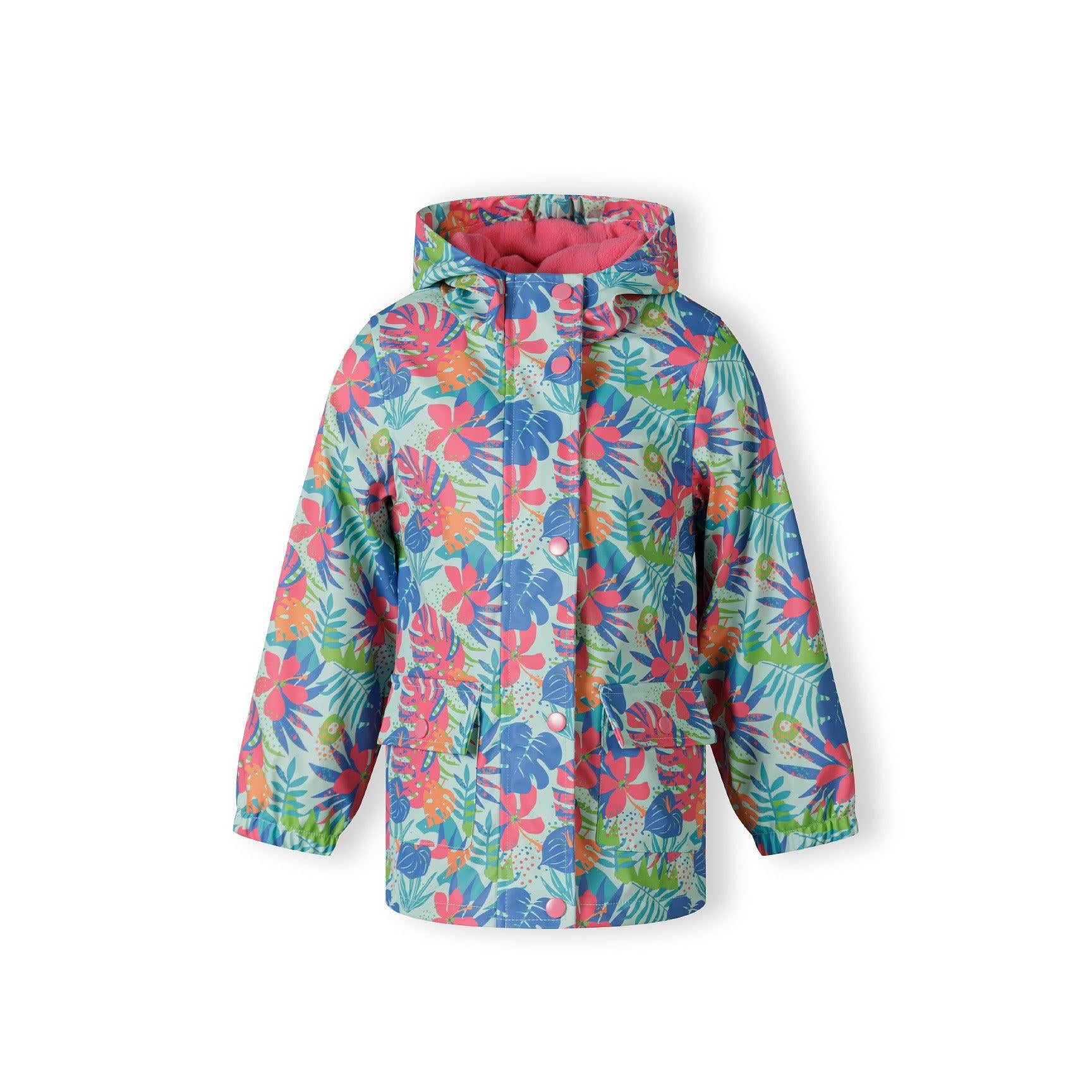 Front view of tropical print rain jacket with hood showing bright pink lining, zip fastening and snap button details against white background