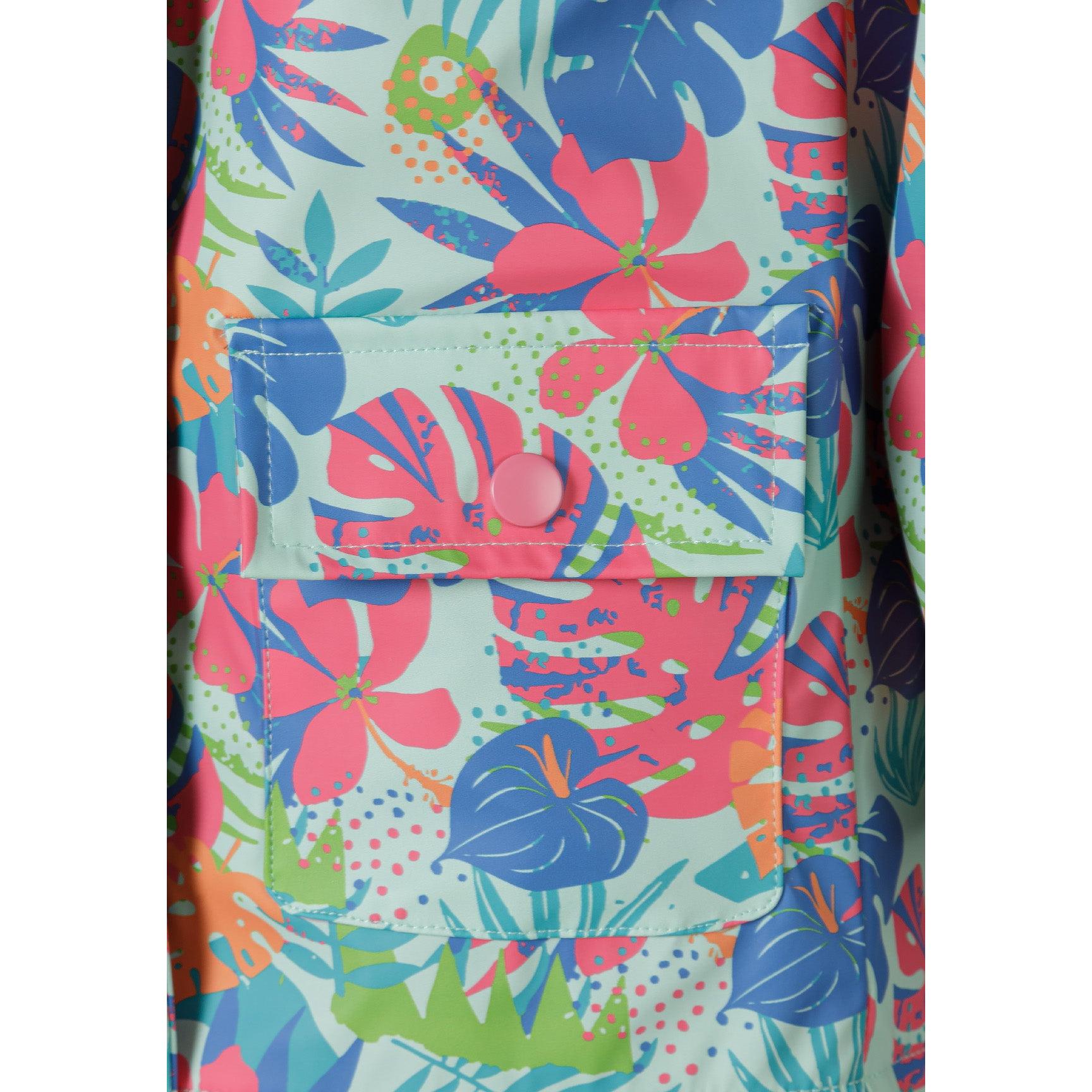 Front view of tropical print rain jacket with hood showing bright pink lining, zip fastening and snap button details against white background