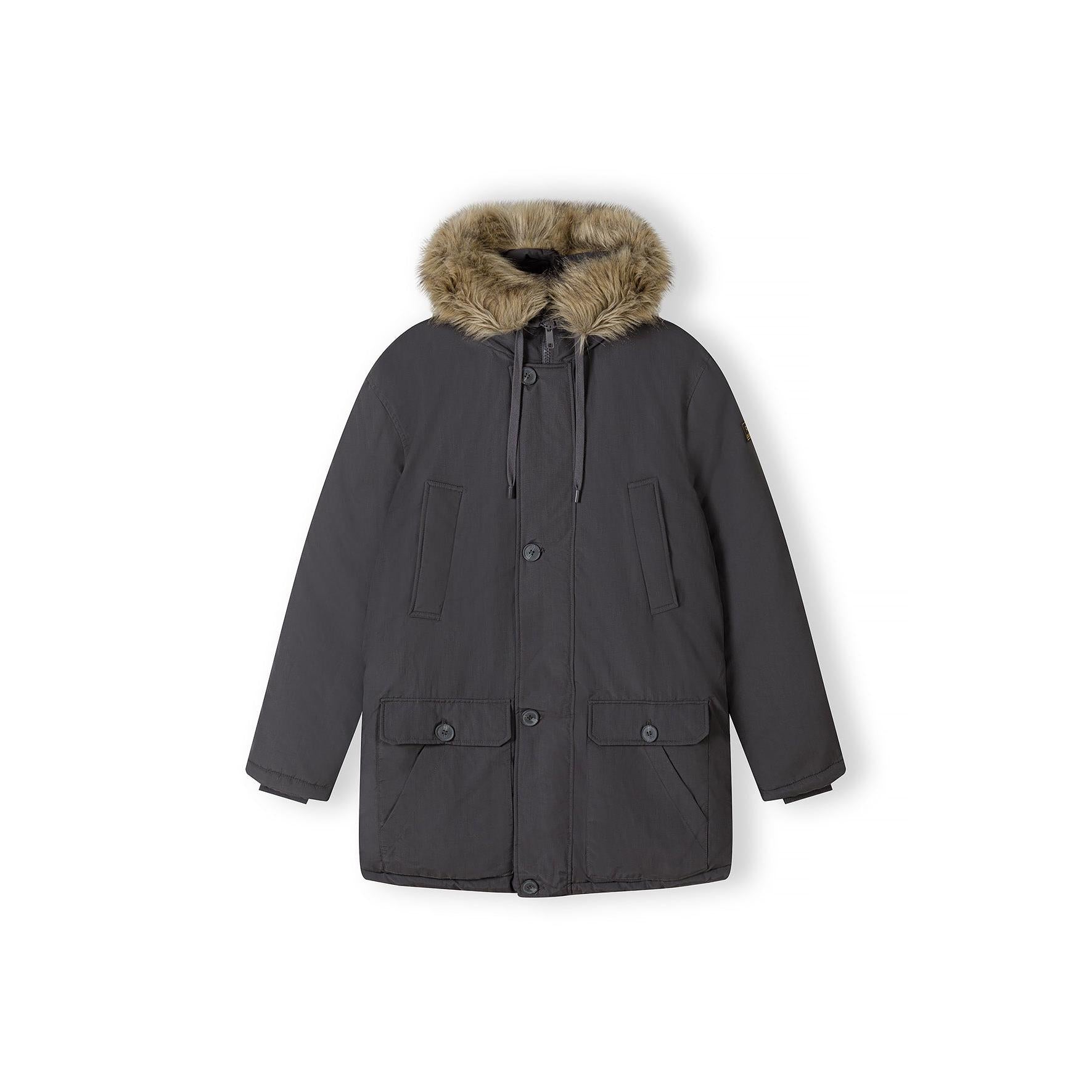 Men's dark grey winter parka jacket with a faux fur-trimmed hood, button and zip fastening, and front pockets.