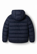Men padded hooded jacket navy featuring lightweight padded design and cozy fixed hood for warmth and comfort.